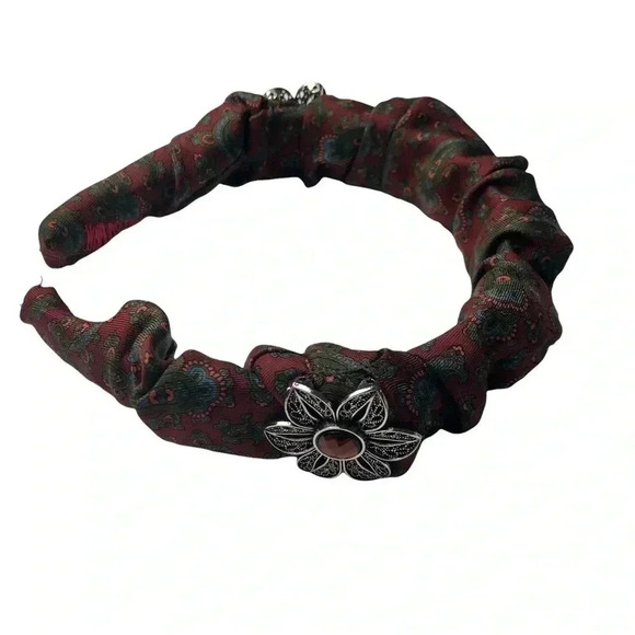 Maroon Multi-Color Paisley Handcrafted Headband Silver-Tone Medallion Crown - Picture 5 of 8